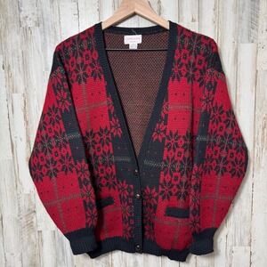 Vintage 90s Mens M Red Black Fair Isle Snowflake‎ Virgin Wool Cardigan Sweater M